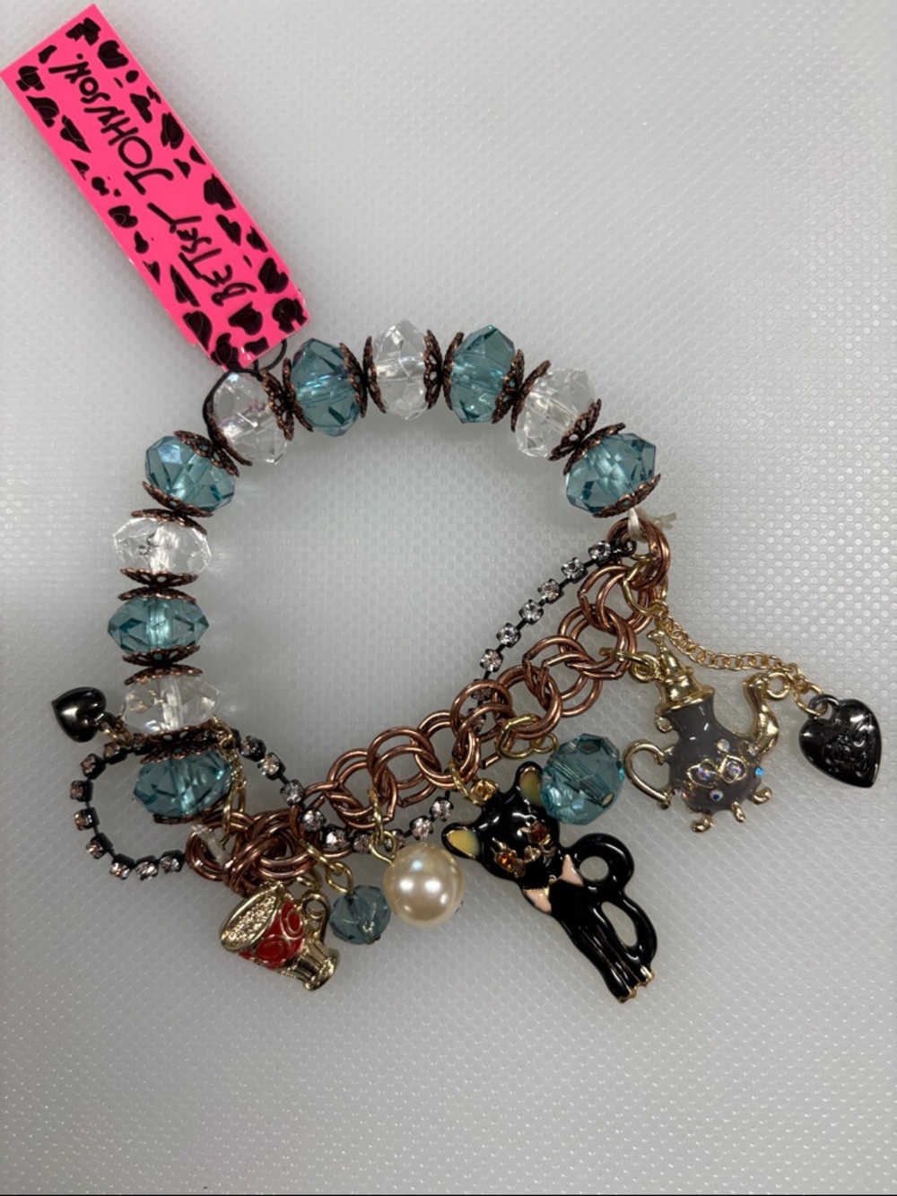 Betsey Johnson Blue & Clear Beaded Charm Bracelet with Cat & Teapot Charms